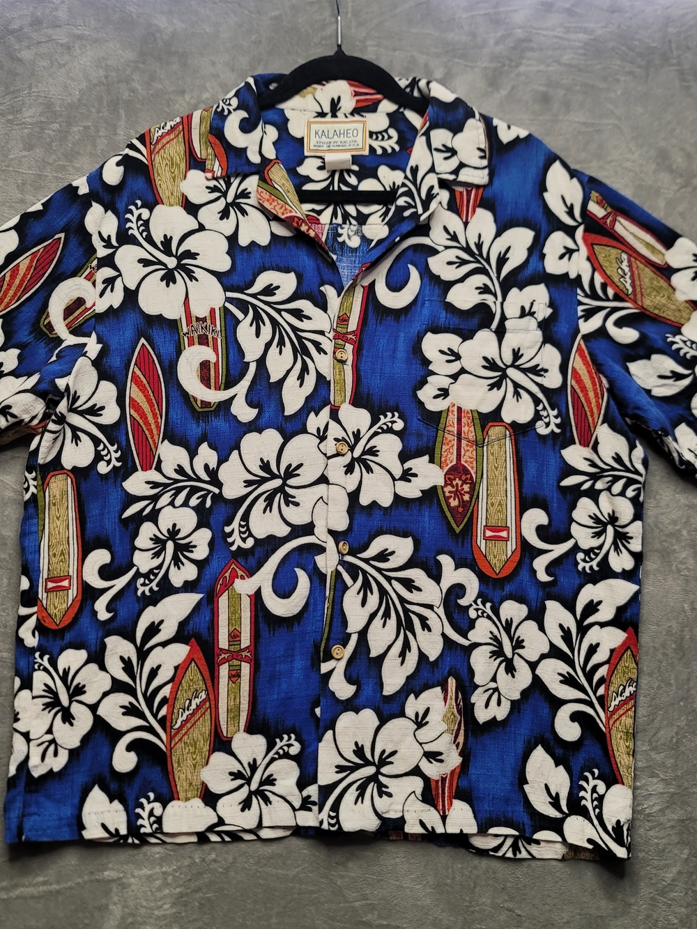 Vintage Kalaheo Blue Surfboard Hibiscus Hawaiian Aloha Shirt Men's Large